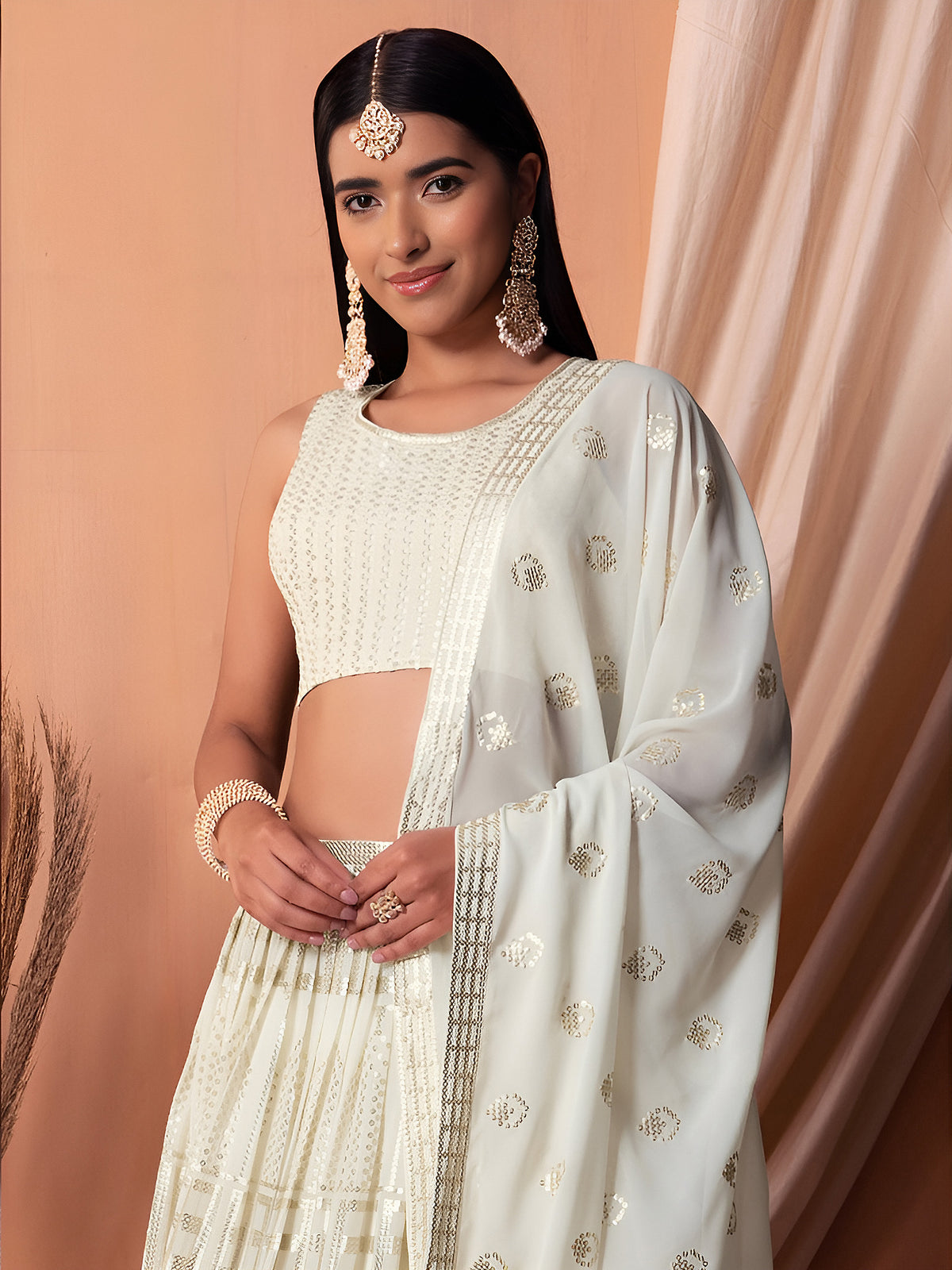 Ivory White Embroidered Lehenga Choli with Dupatta