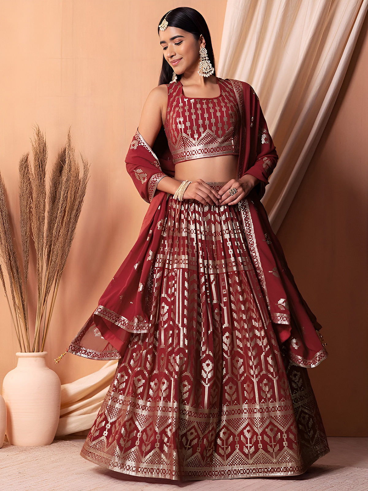 Maroon Red Embroidered Lehenga Choli with Dupatta