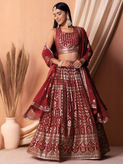Maroon Red Embroidered Lehenga Choli with Dupatta
