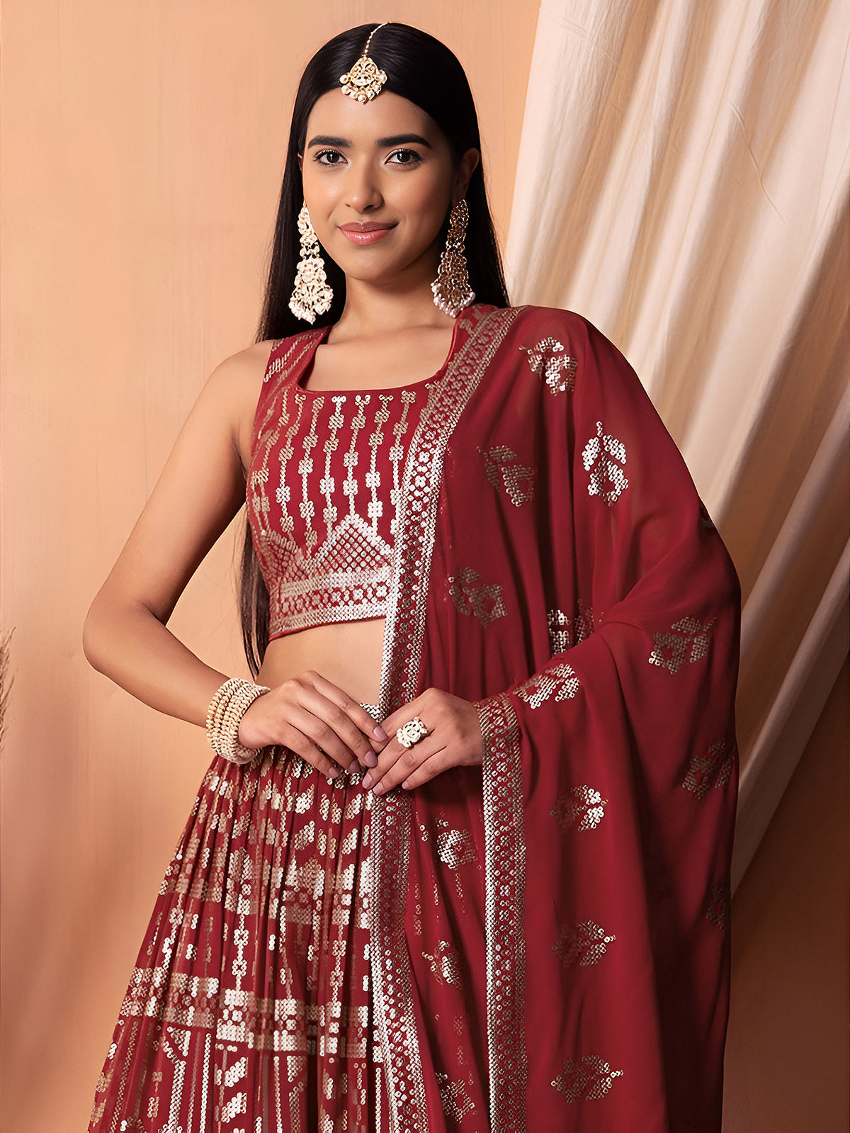 Maroon Red Embroidered Lehenga Choli with Dupatta
