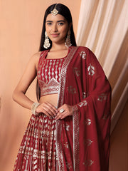 Maroon Red Embroidered Lehenga Choli with Dupatta