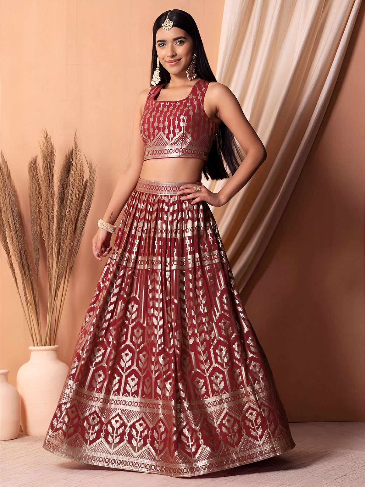 Maroon Red Embroidered Lehenga Choli with Dupatta