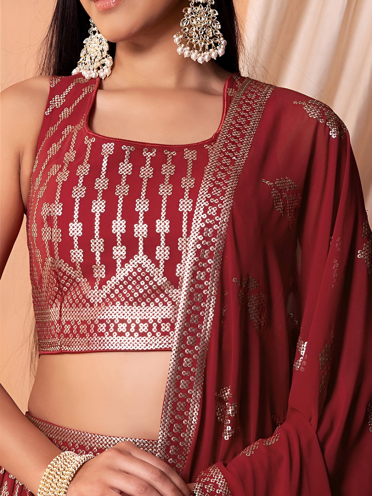Maroon Red Embroidered Lehenga Choli with Dupatta