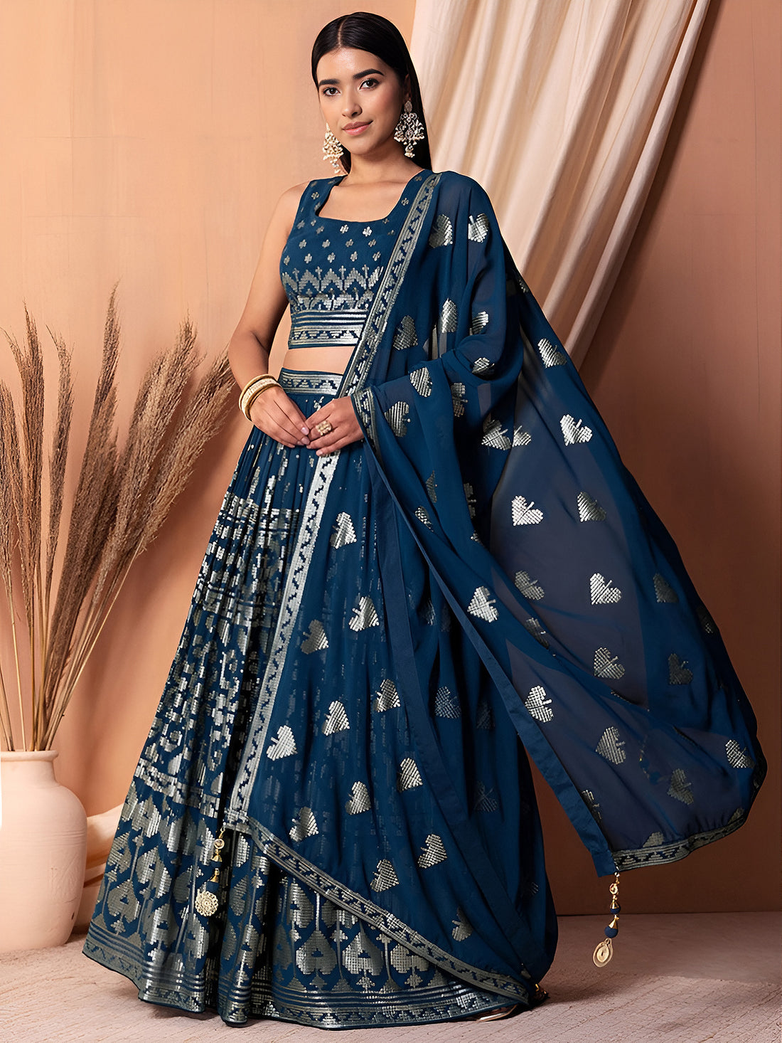 Navy Blue Silver Embroidered Lehenga Choli with Dupatta