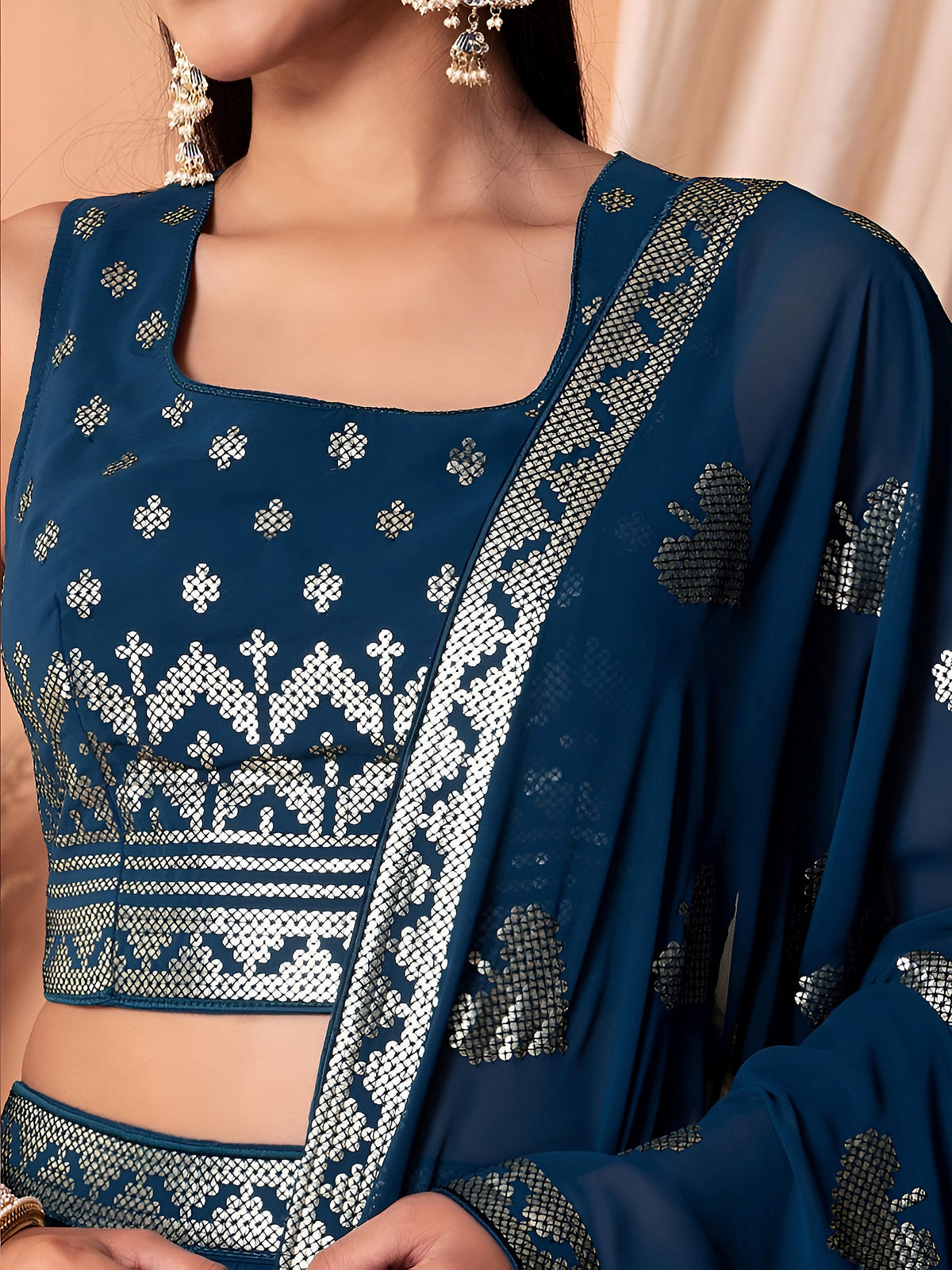 Navy Blue Silver Embroidered Lehenga Choli with Dupatta