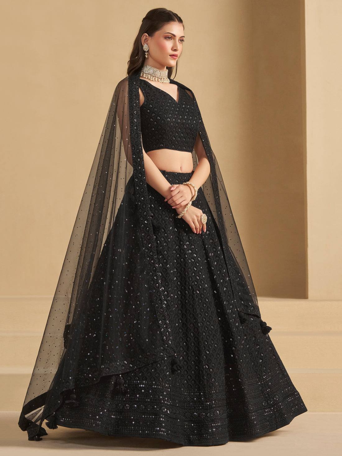 Black Embroidered Lehenga Choli with Sheer Dupatta