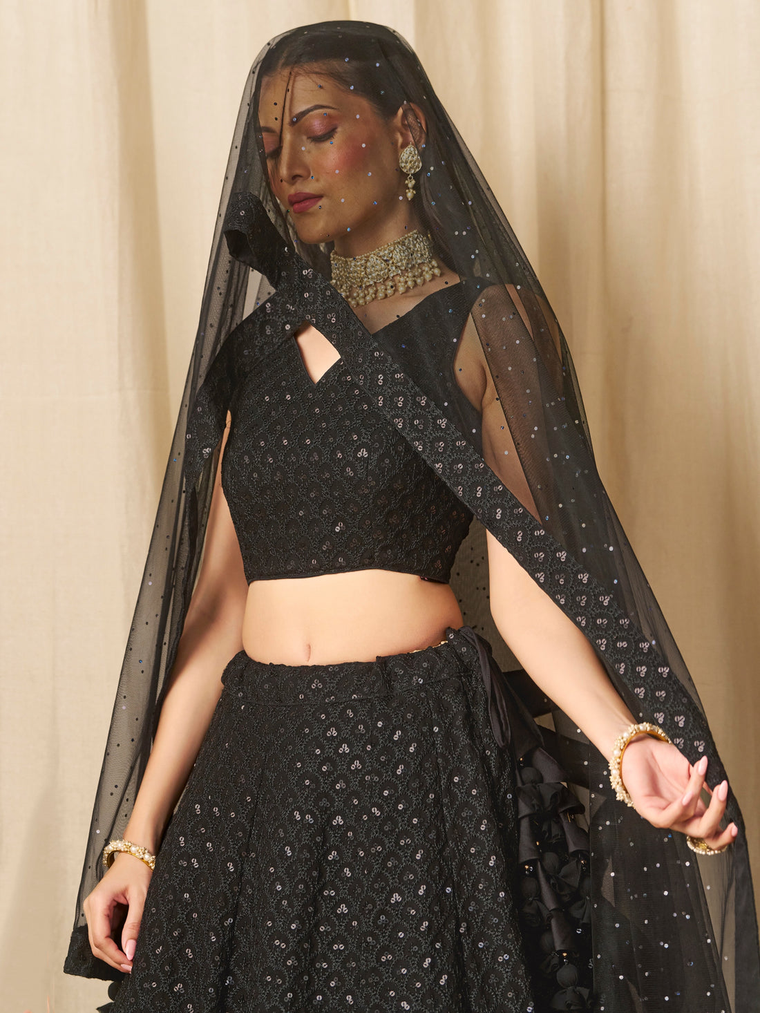 Black Embroidered Lehenga Choli with Sheer Dupatta
