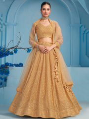Beige Gold Embroidered Lehenga Choli with Sheer Dupatta