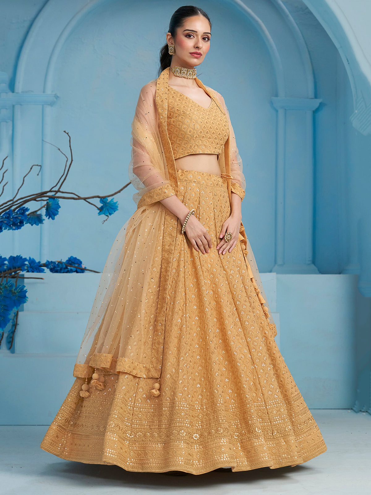 Beige Gold Embroidered Lehenga Choli with Sheer Dupatta
