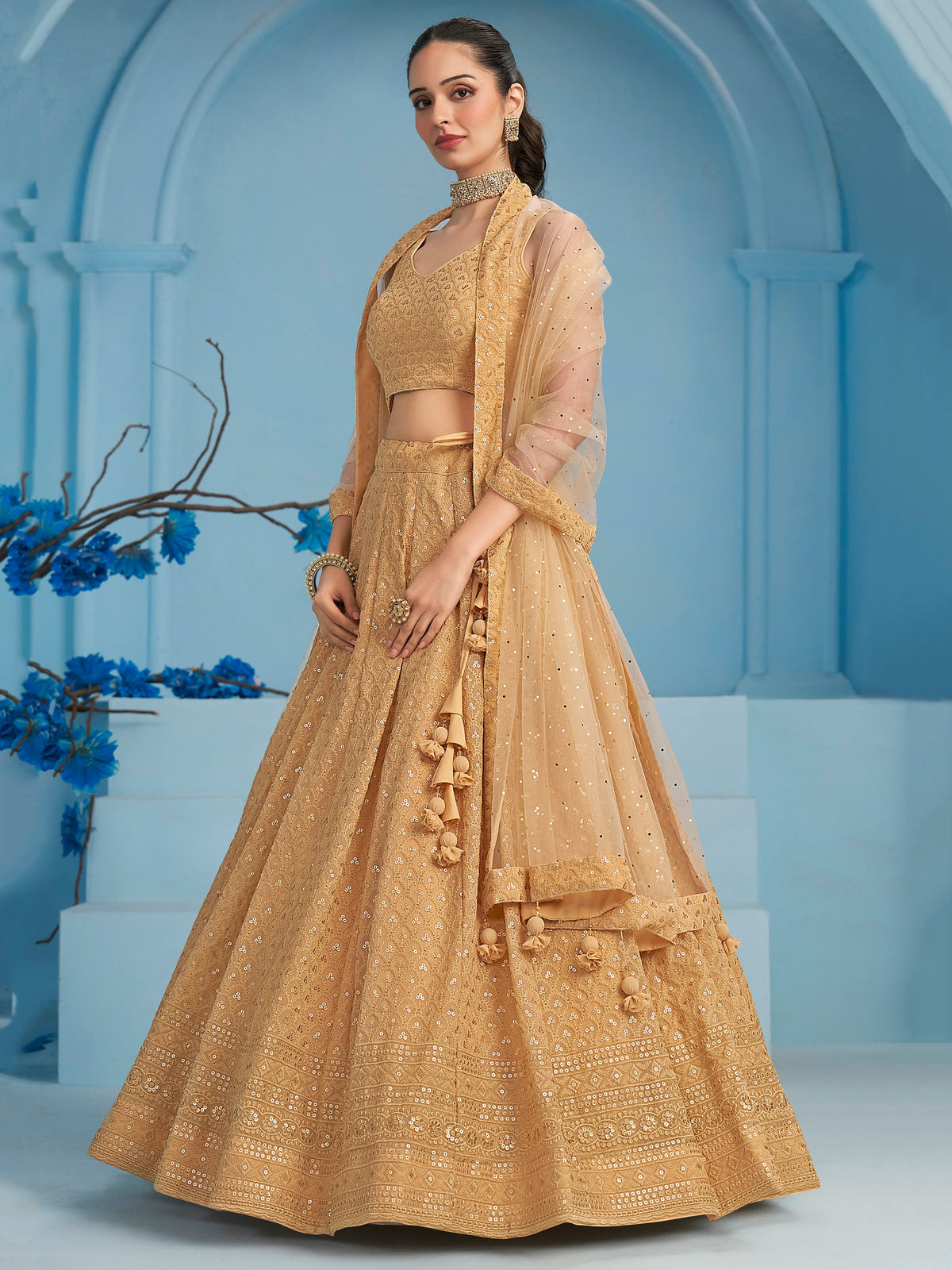 Beige Gold Embroidered Lehenga Choli with Sheer Dupatta