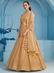 Beige Gold Embroidered Lehenga Choli with Sheer Dupatta