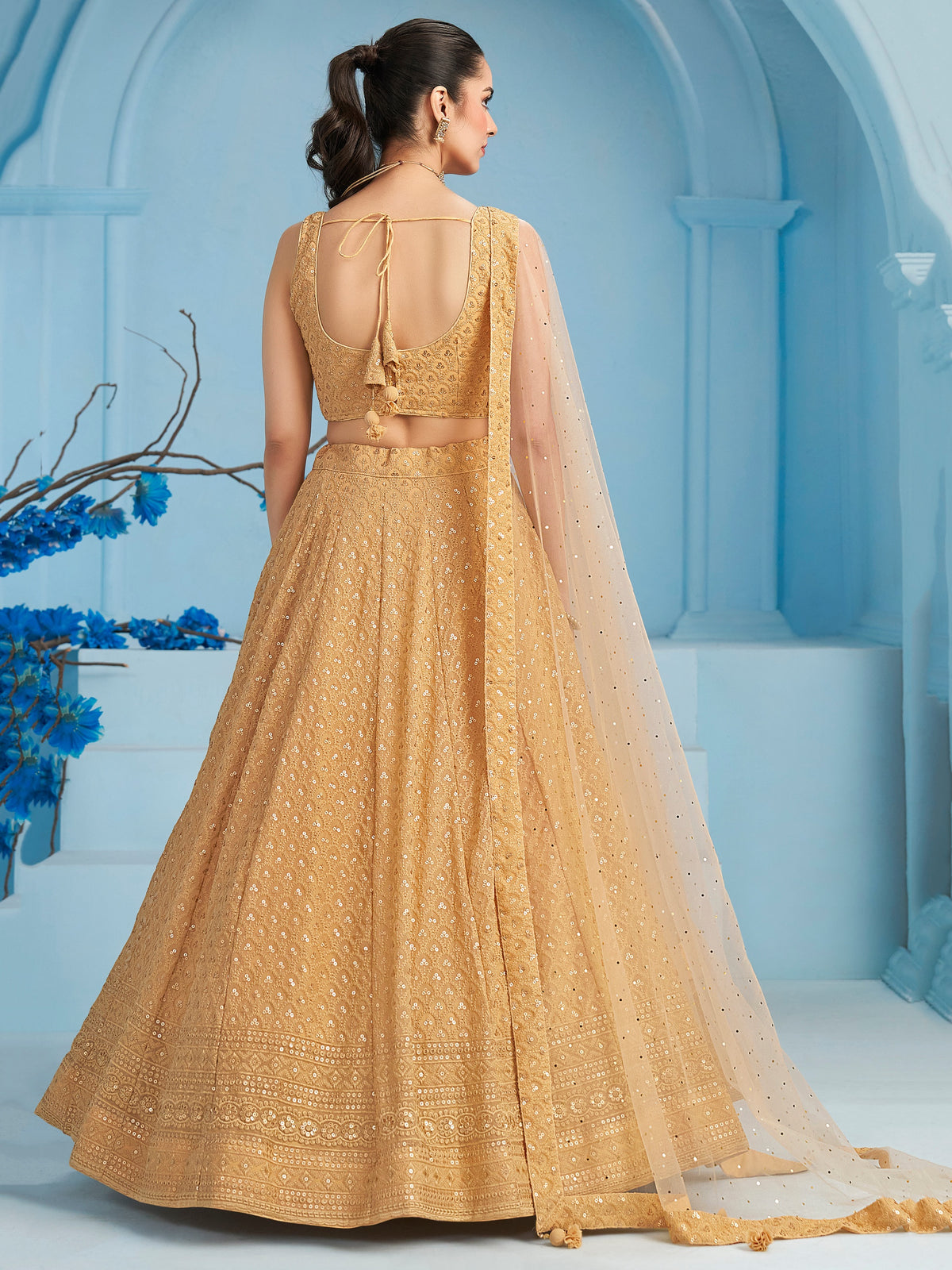 Beige Gold Embroidered Lehenga Choli with Sheer Dupatta