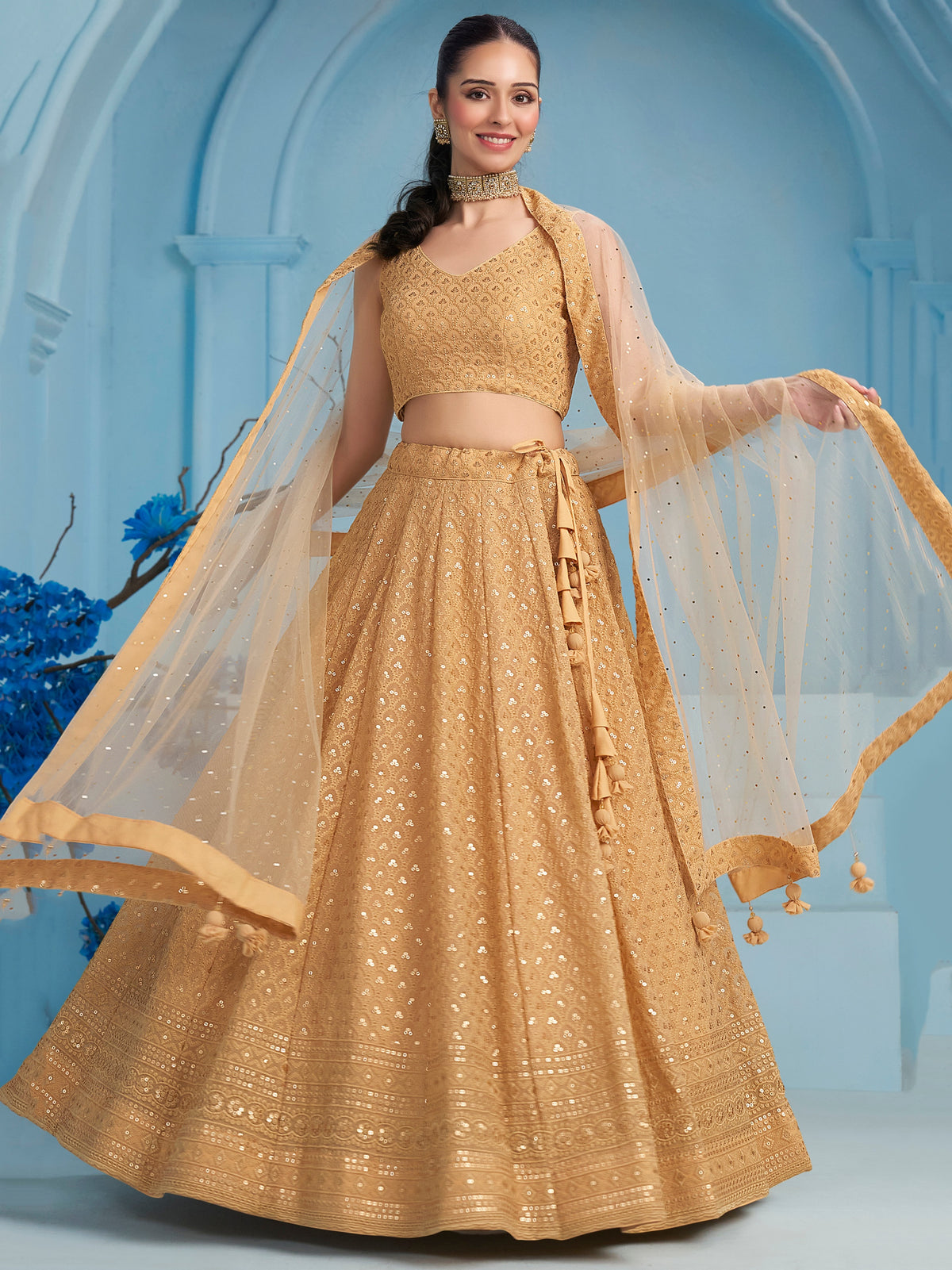 Beige Gold Embroidered Lehenga Choli with Sheer Dupatta