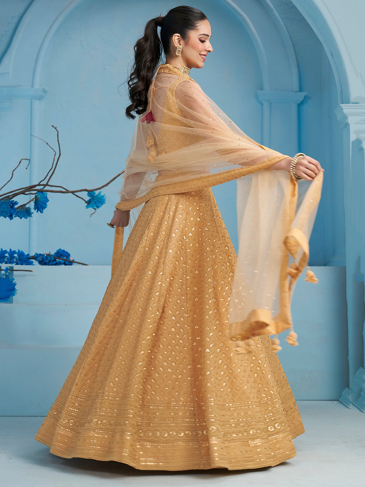 Beige Gold Embroidered Lehenga Choli with Sheer Dupatta