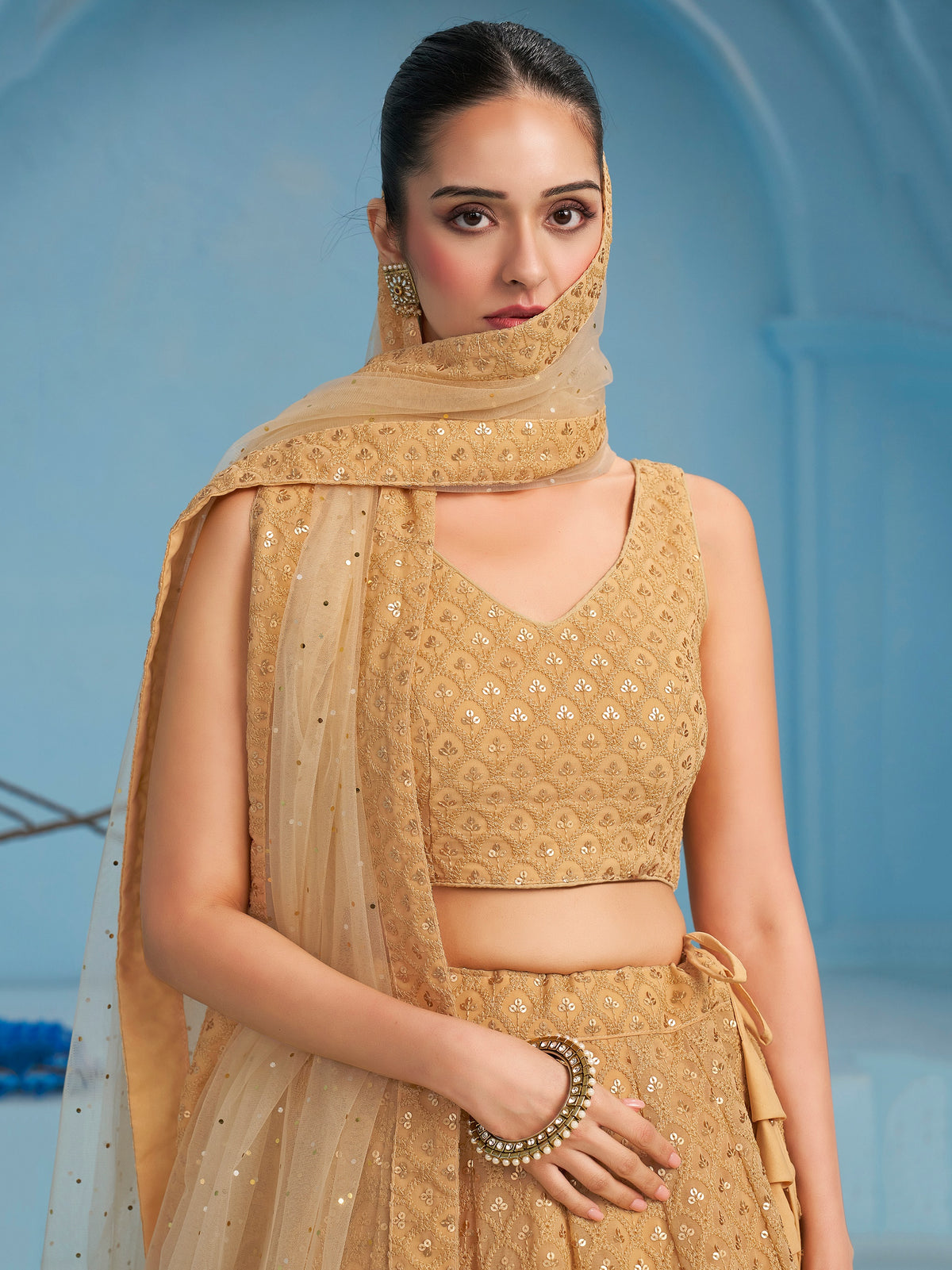 Beige Gold Embroidered Lehenga Choli with Sheer Dupatta
