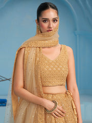 Beige Gold Embroidered Lehenga Choli with Sheer Dupatta