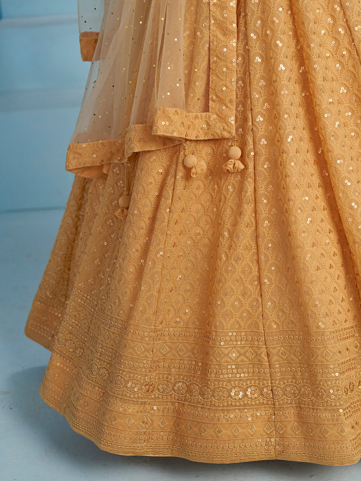Beige Gold Embroidered Lehenga Choli with Sheer Dupatta