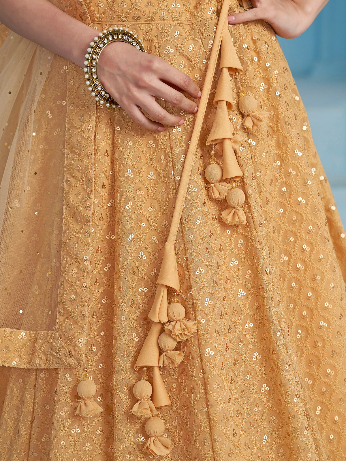 Beige Gold Embroidered Lehenga Choli with Sheer Dupatta