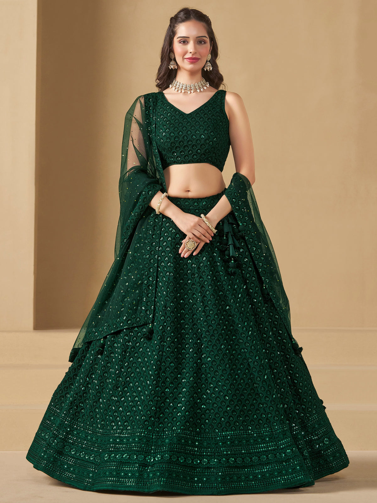 Dark Green Embroidered Lehenga Choli with Matching Sheer Dupatta