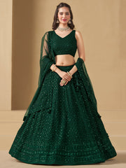 Dark Green Embroidered Lehenga Choli with Matching Sheer Dupatta
