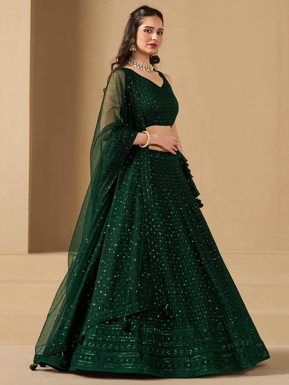 Dark Green Embroidered Lehenga Choli with Matching Sheer Dupatta