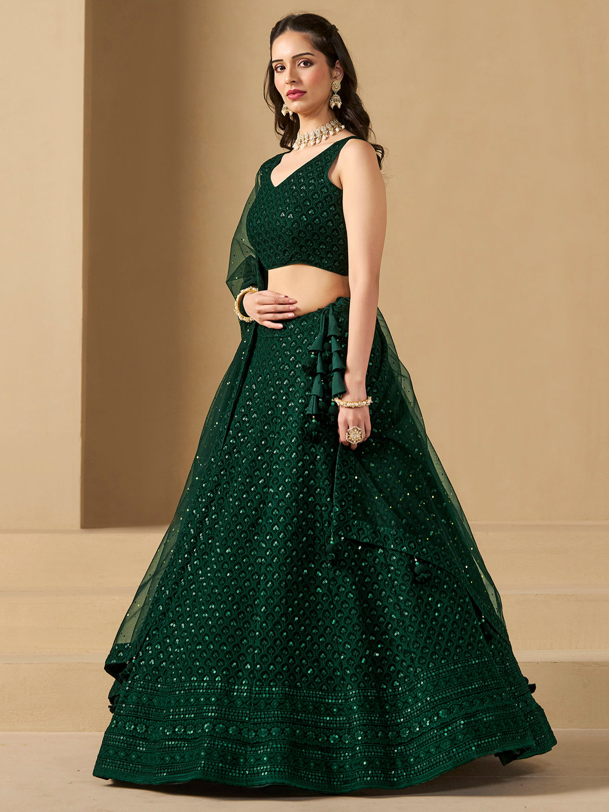 Dark Green Embroidered Lehenga Choli with Matching Sheer Dupatta