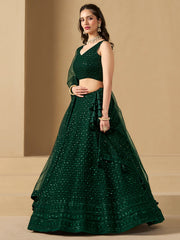 Dark Green Embroidered Lehenga Choli with Matching Sheer Dupatta
