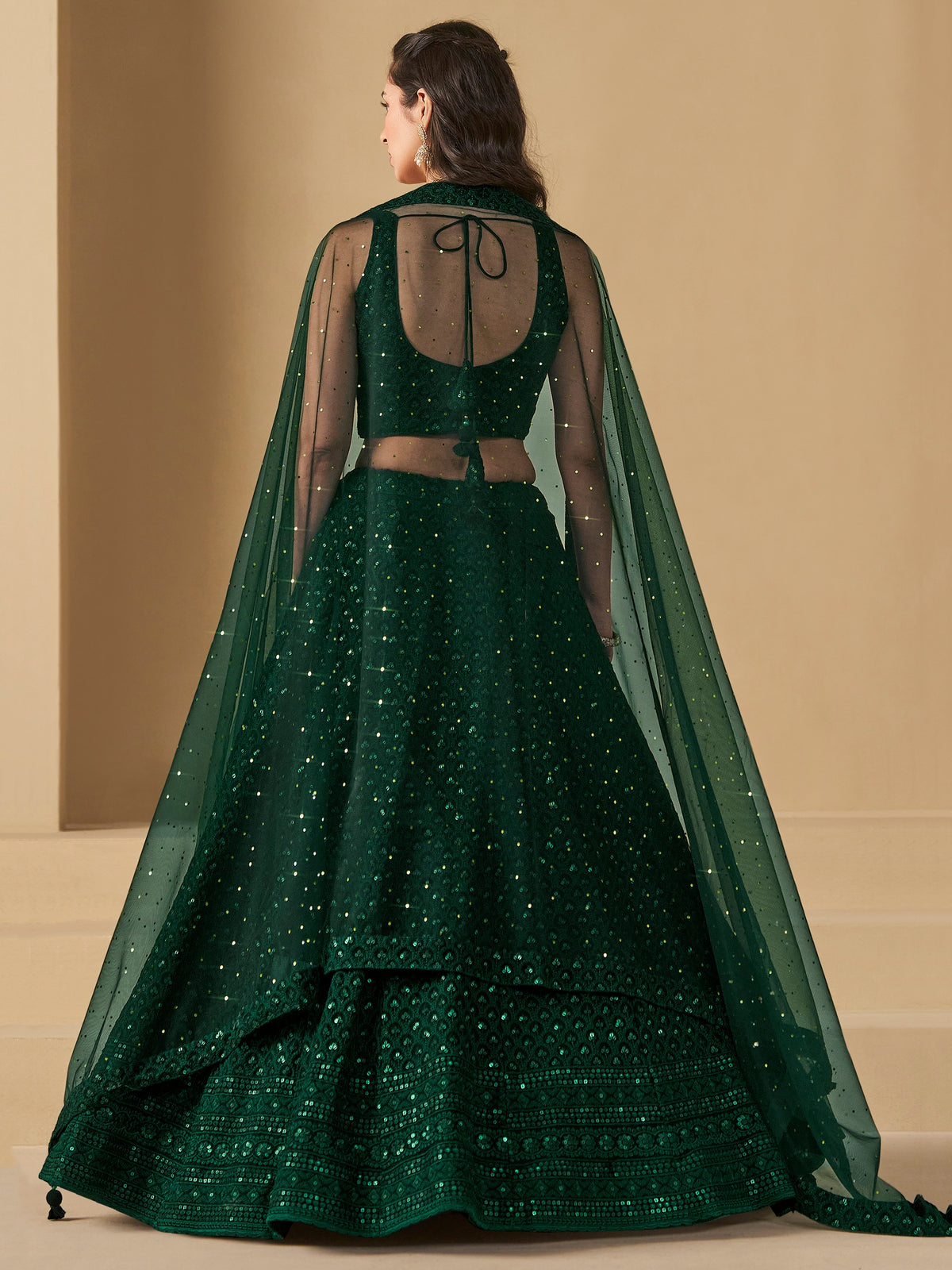 Dark Green Embroidered Lehenga Choli with Matching Sheer Dupatta