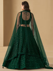 Dark Green Embroidered Lehenga Choli with Matching Sheer Dupatta
