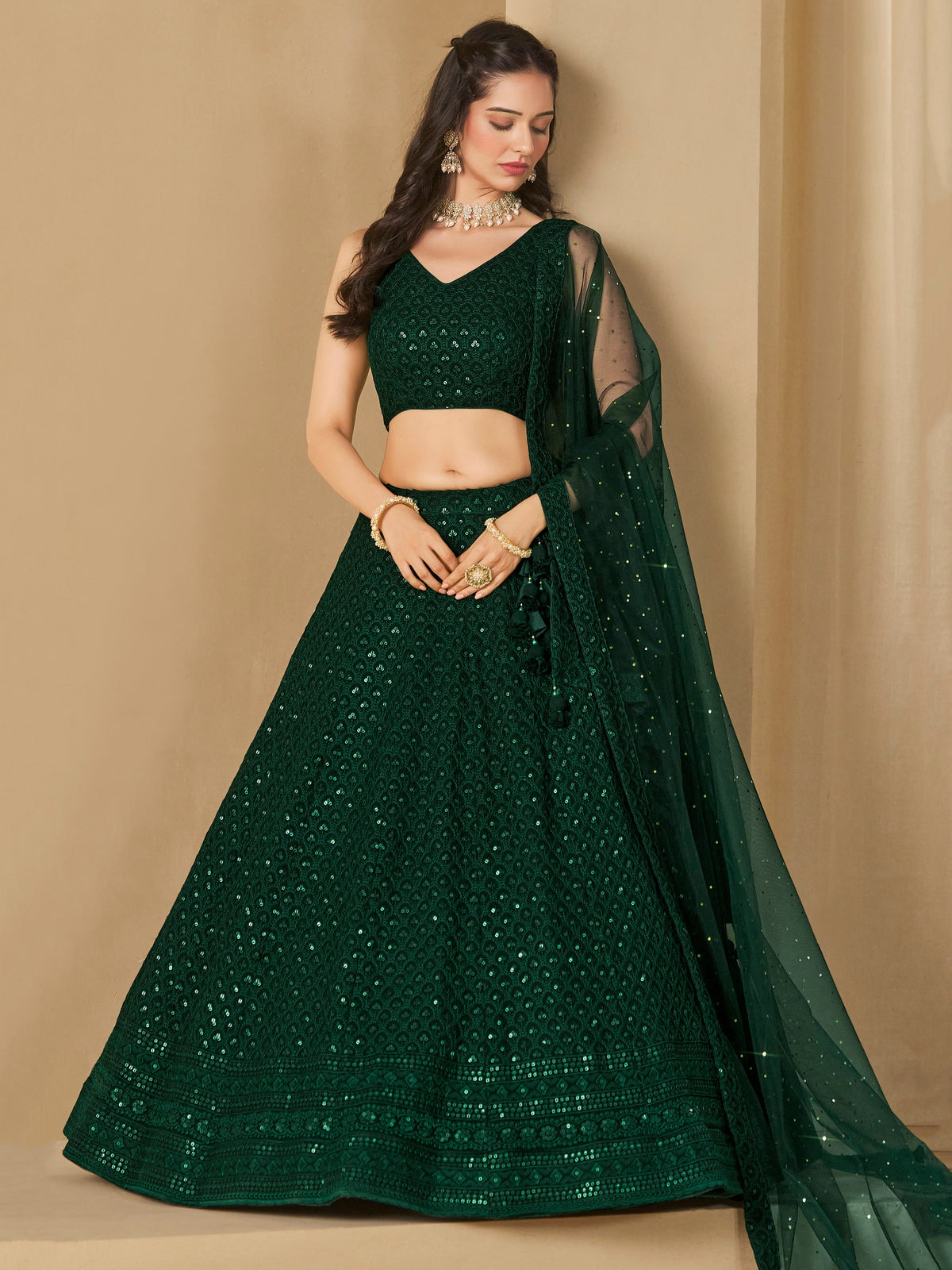 Dark Green Embroidered Lehenga Choli with Matching Sheer Dupatta