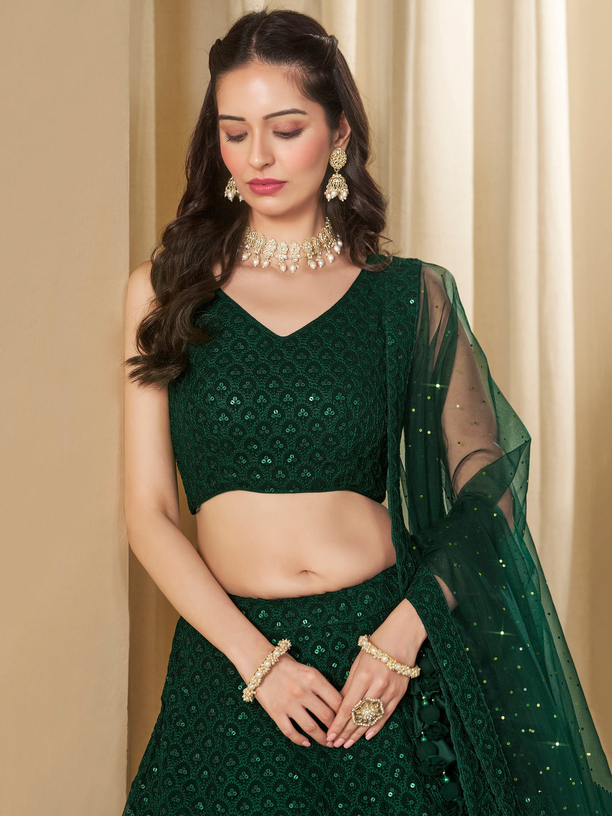 Dark Green Embroidered Lehenga Choli with Matching Sheer Dupatta