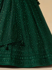 Dark Green Embroidered Lehenga Choli with Matching Sheer Dupatta