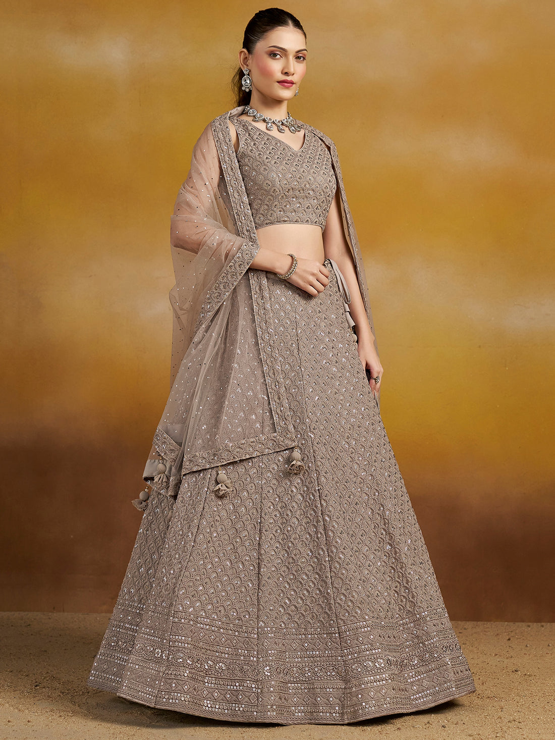 Grey Embroidered Lehenga Choli with Matching Sheer Dupatta