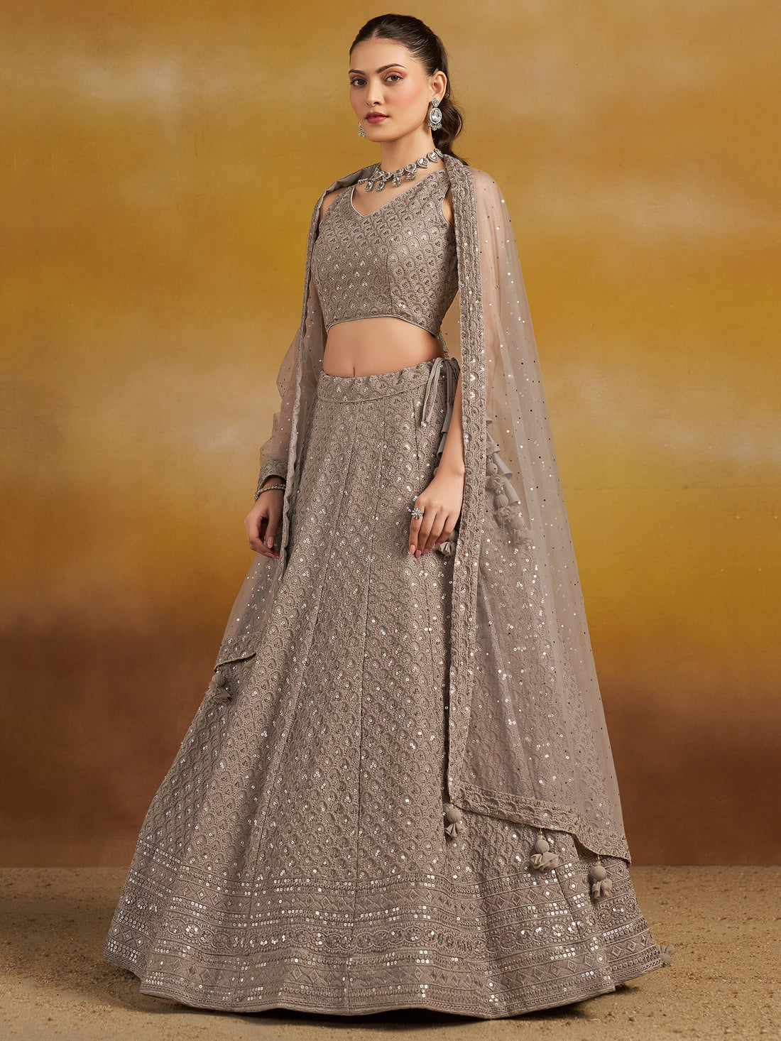 Grey Embroidered Lehenga Choli with Matching Sheer Dupatta