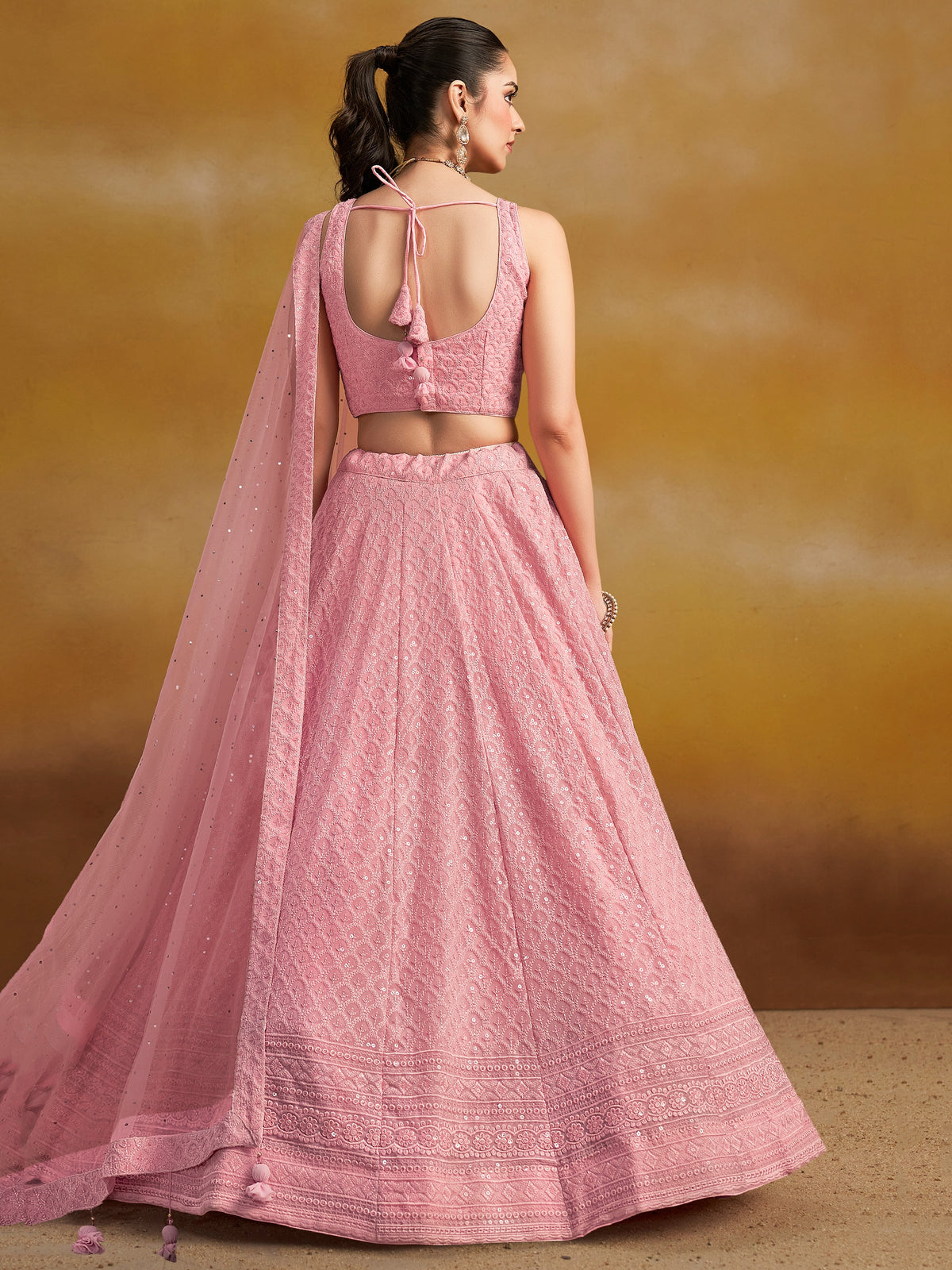 Light Pink Embroidered Lehenga Choli with Matching Sheer Dupatta