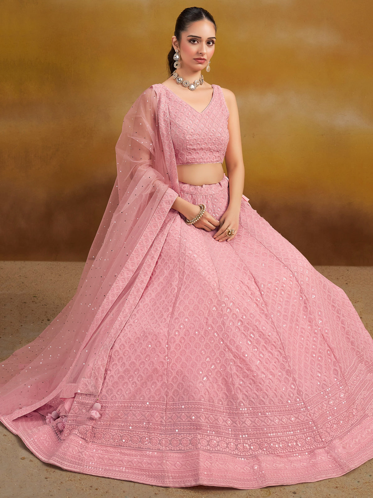 Light Pink Embroidered Lehenga Choli with Matching Sheer Dupatta
