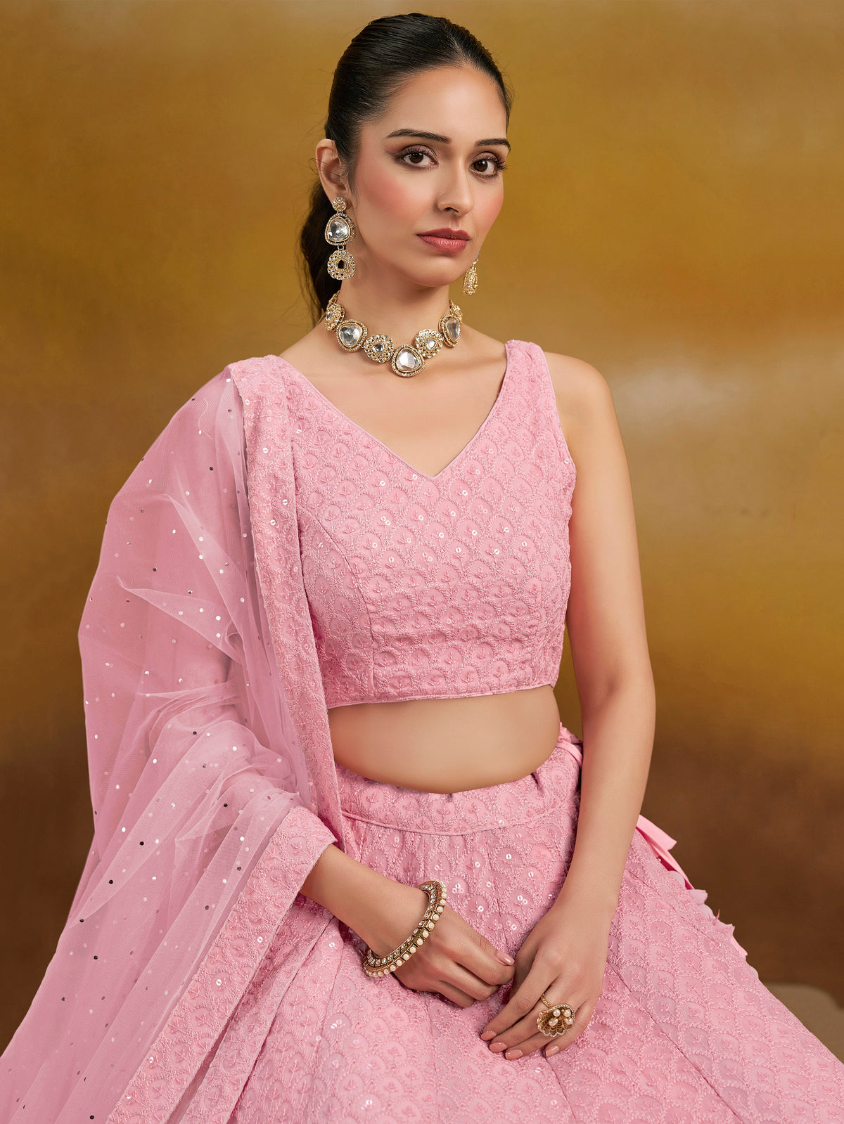 Light Pink Embroidered Lehenga Choli with Matching Sheer Dupatta