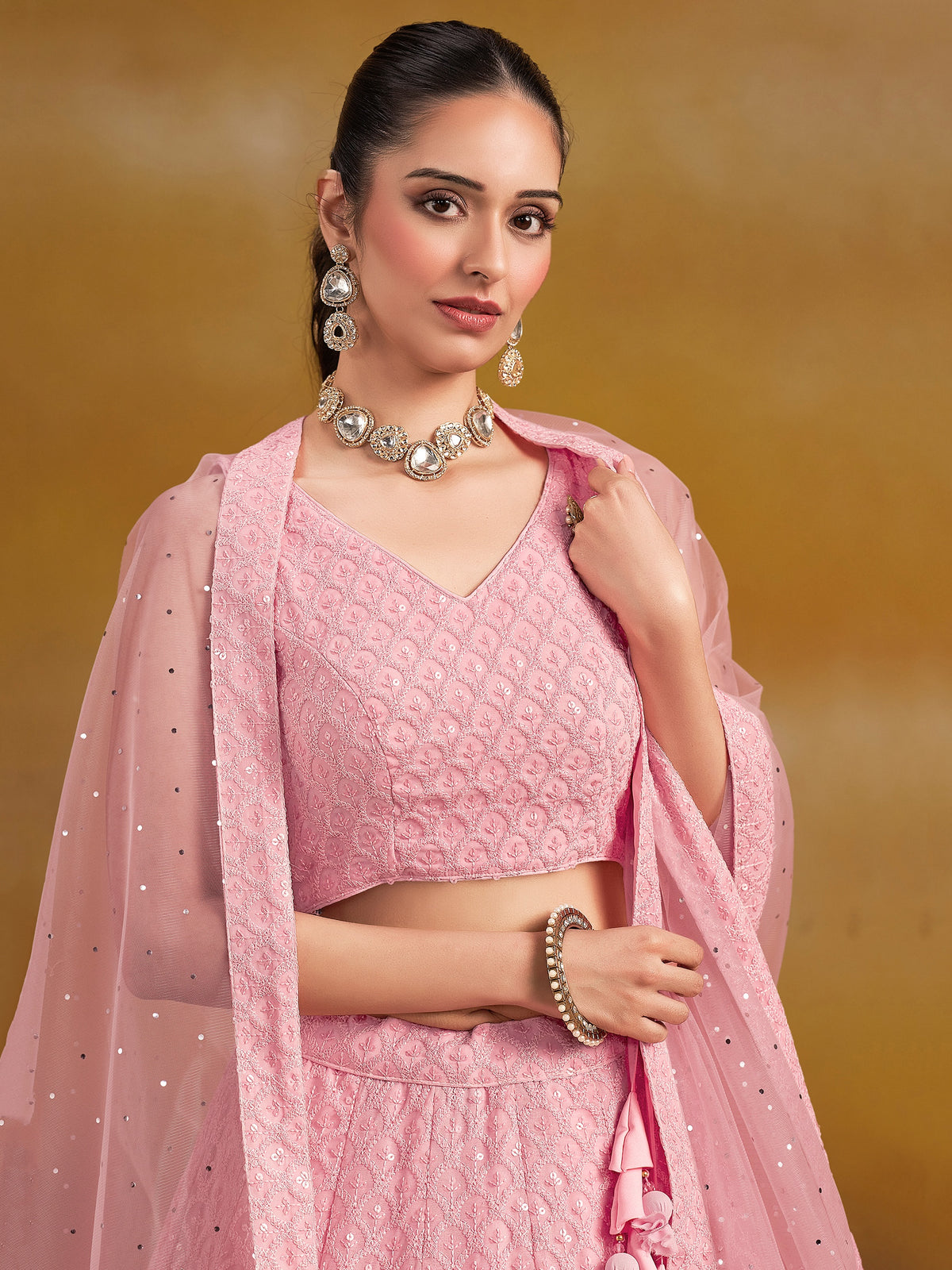 Light Pink Embroidered Lehenga Choli with Matching Sheer Dupatta