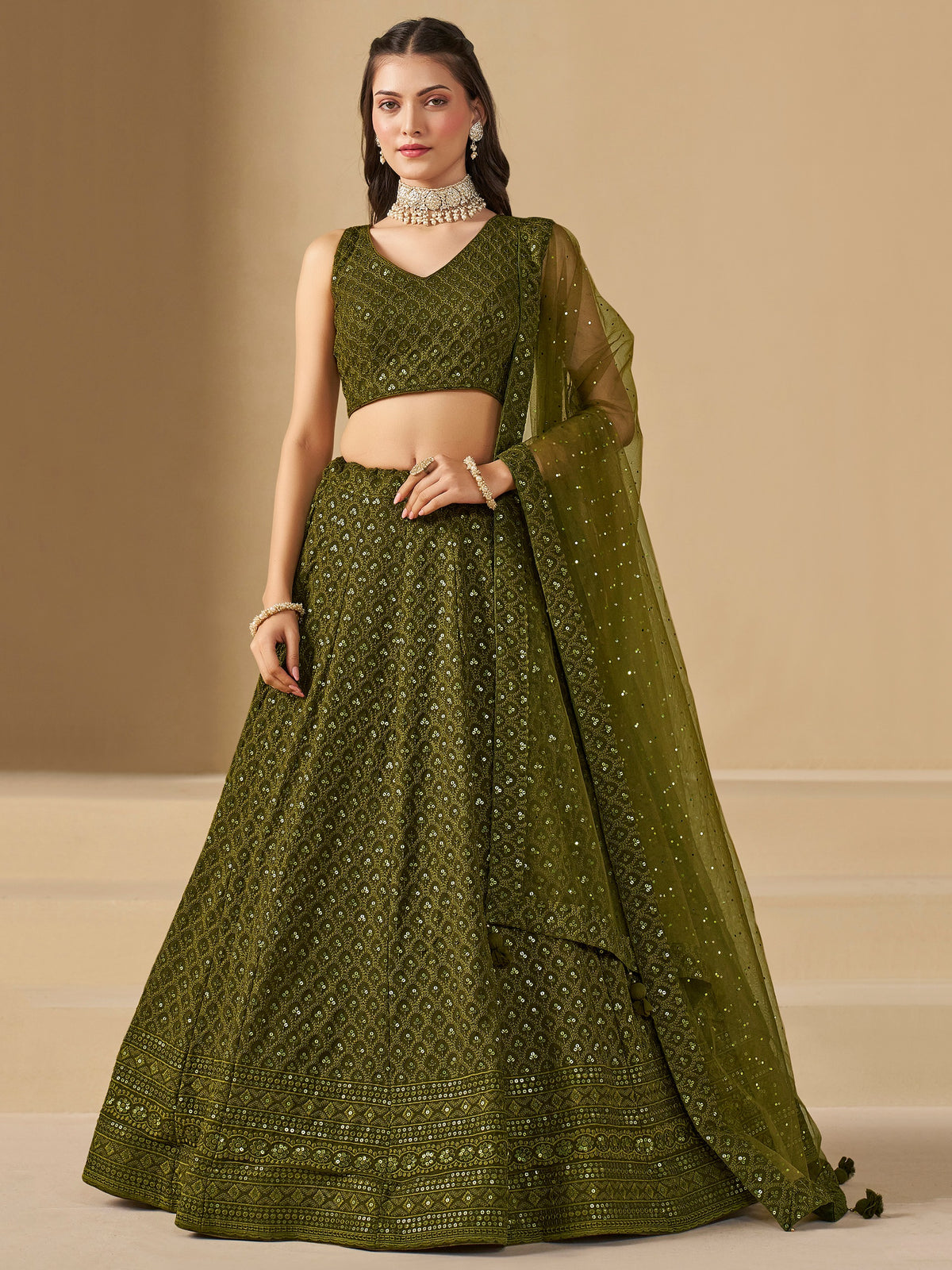 Mehndi Green Embroidered Lehenga Choli with Matching Sheer Dupatta