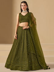 Mehndi Green Embroidered Lehenga Choli with Matching Sheer Dupatta