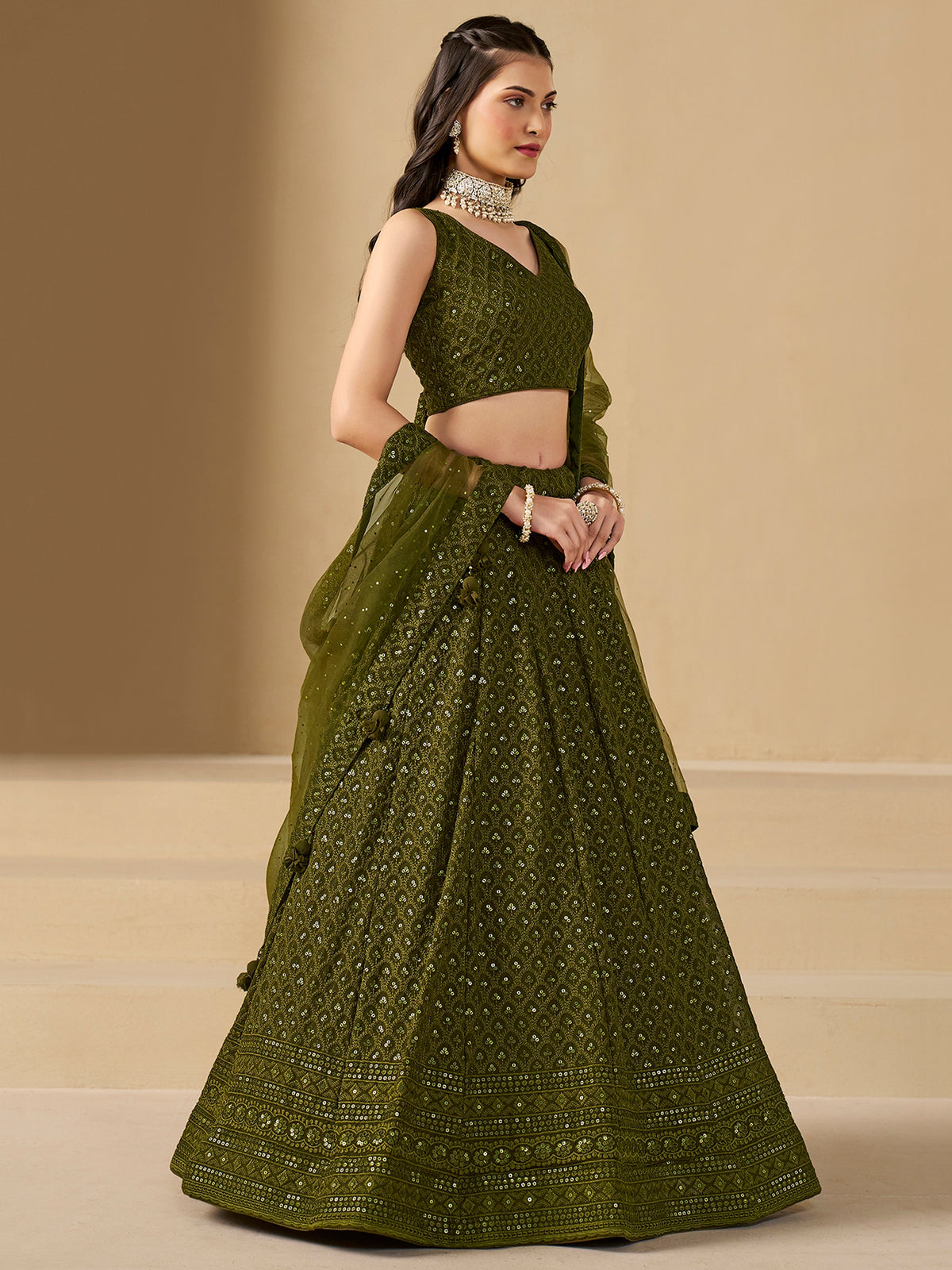 Mehndi Green Embroidered Lehenga Choli with Matching Sheer Dupatta