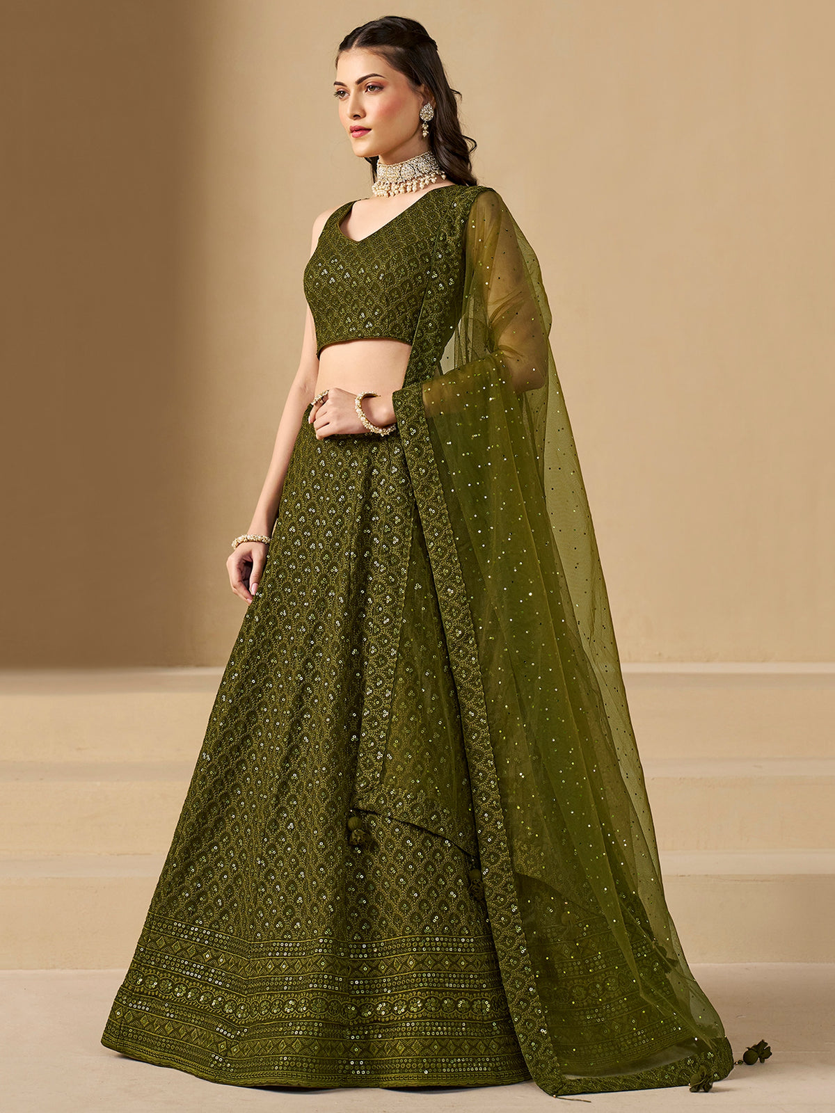 Mehndi Green Embroidered Lehenga Choli with Matching Sheer Dupatta