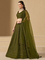 Mehndi Green Embroidered Lehenga Choli with Matching Sheer Dupatta