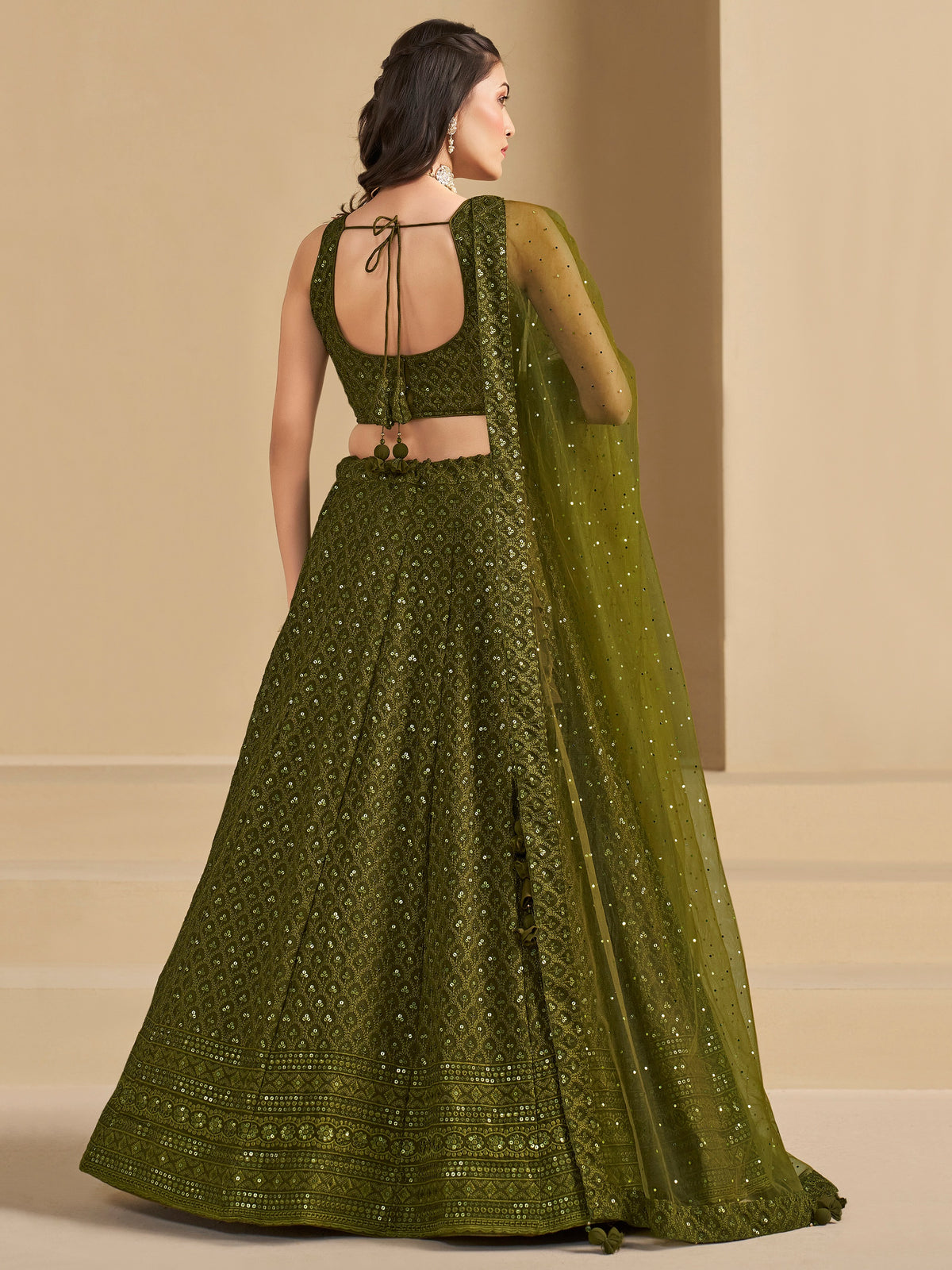 Mehndi Green Embroidered Lehenga Choli with Matching Sheer Dupatta