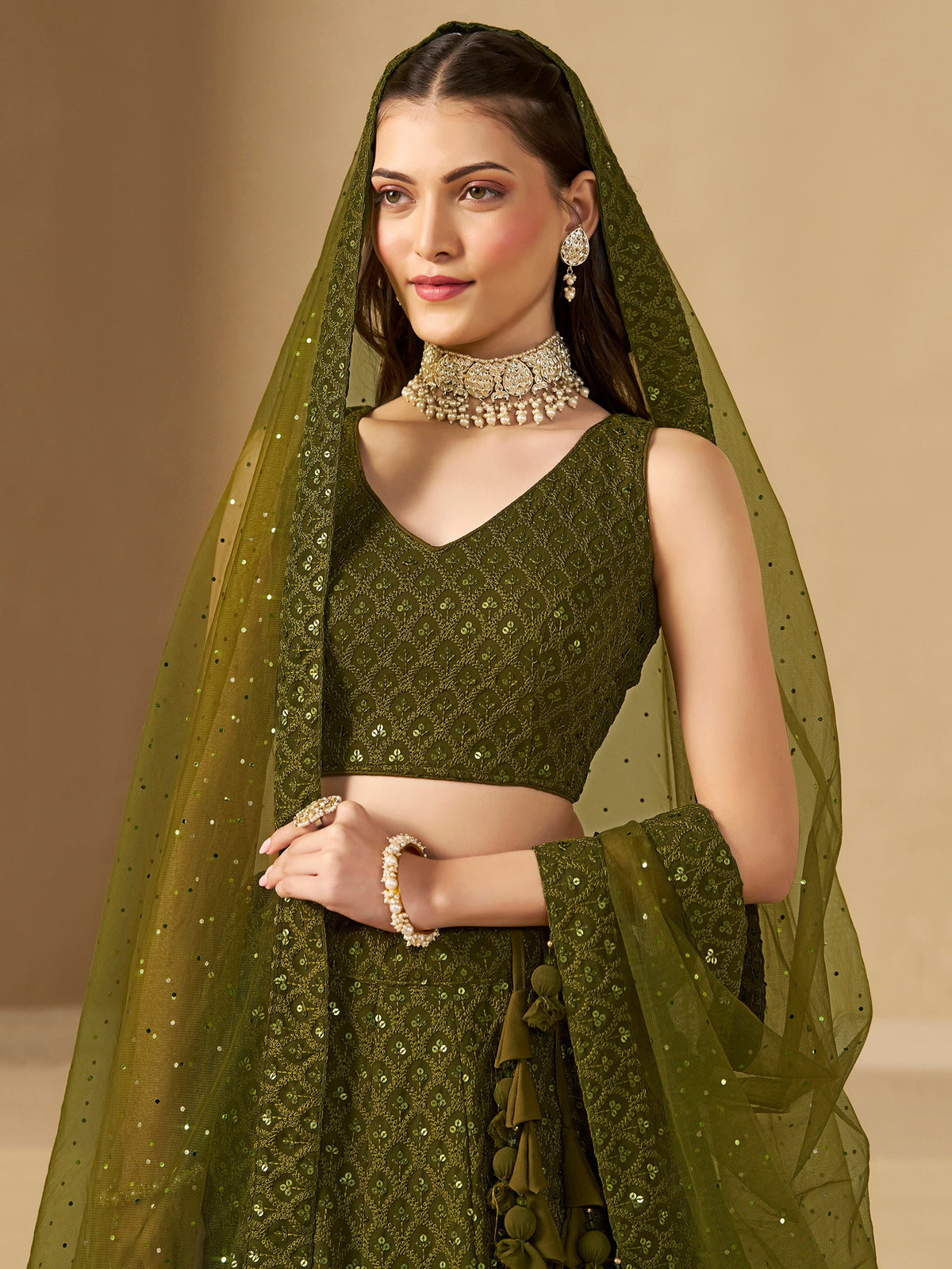 Mehndi Green Embroidered Lehenga Choli with Matching Sheer Dupatta