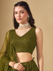 Mehndi Green Embroidered Lehenga Choli with Matching Sheer Dupatta