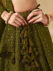 Mehndi Green Embroidered Lehenga Choli with Matching Sheer Dupatta