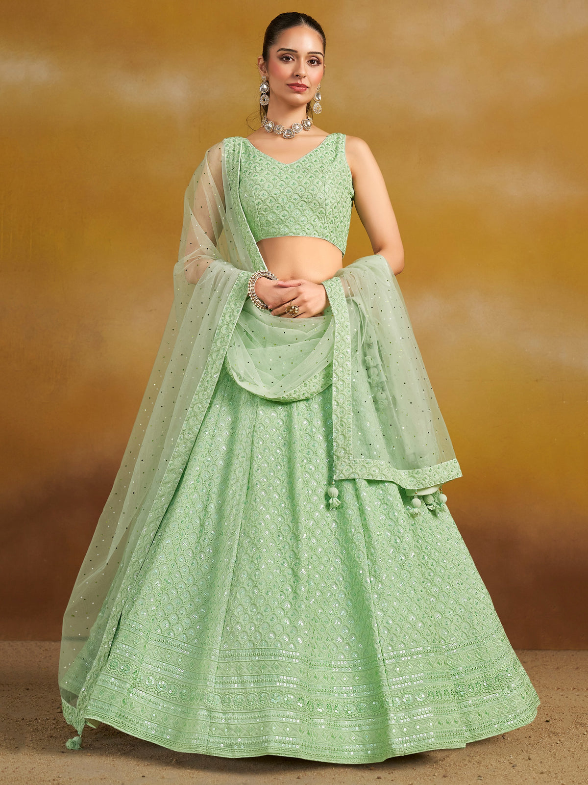 Mint Green Embroidered Lehenga Choli with Matching Sheer Dupatta