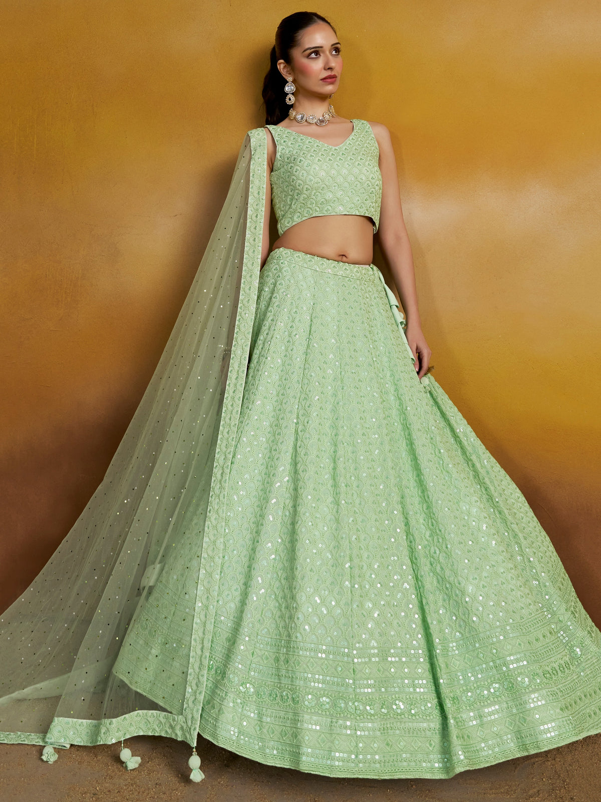 Mint Green Embroidered Lehenga Choli with Matching Sheer Dupatta