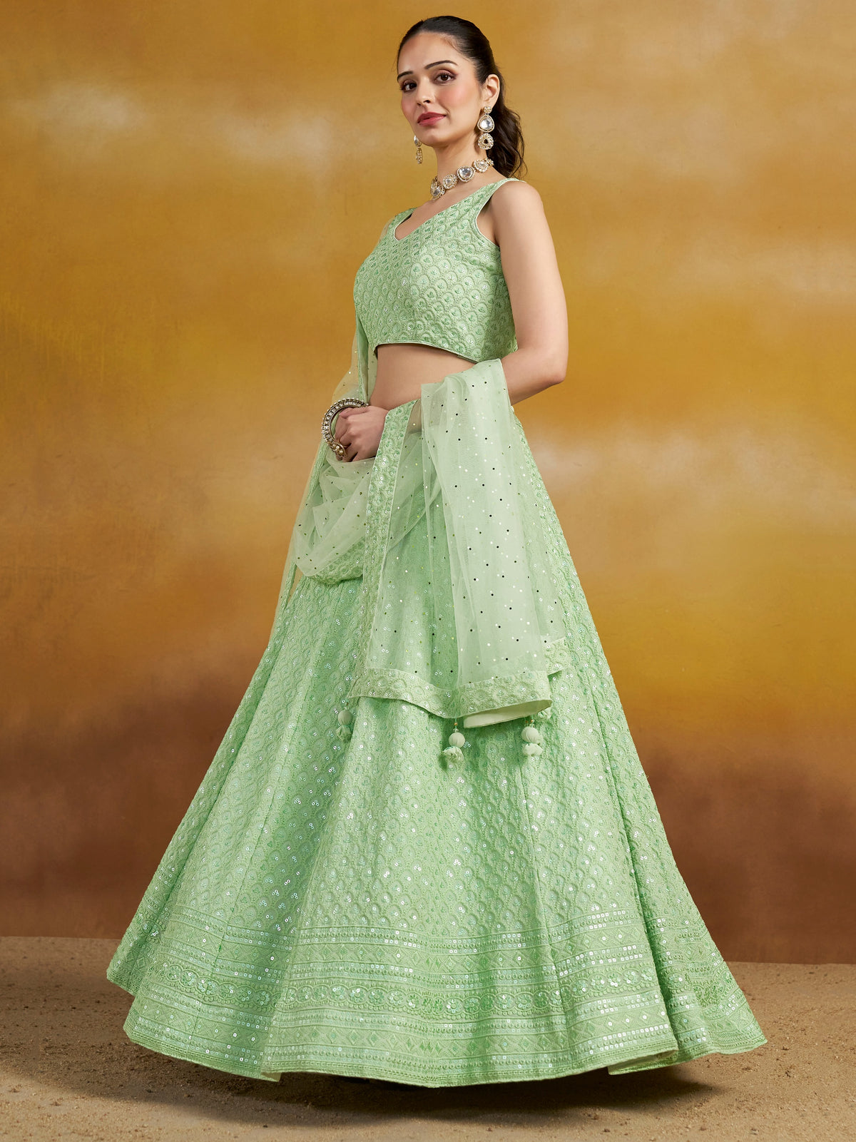 Mint Green Embroidered Lehenga Choli with Matching Sheer Dupatta
